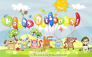 HD cartoon wallpaper featuring animals wishing Happy Birthday