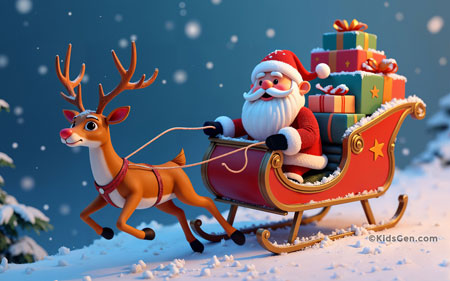 8K and 4K Christmas wallpaper with a background of Santa Claus in a sleigh with a reindeer and gifts, snowflakes falling, night sky background