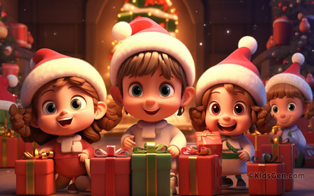 HD Wallpaper with animated characters in Santa hats holding gift boxes in a Christmas setting