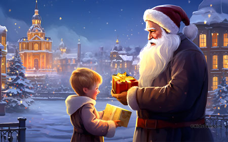 A Christmas wallpaper with a background of Santa Claus giving a gift to a child on a snowy evening with festive lights