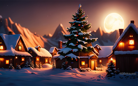 A charming snowy Christmas village scene with trees, ideal for a vibrant 4K wallpaper celebrating the holiday spirit