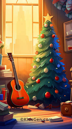 A festive scene with a Christmas tree, guitar, and books in a room, ideal for mobile phone wallpaper inspiration