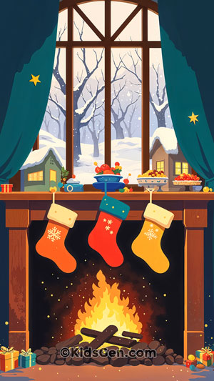 A festive fireplace decorated with stockings and presents, creating a charming Christmas atmosphere for mobile devices