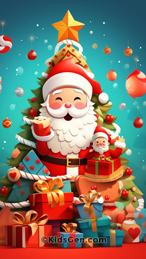 Santa Claus with colorful presents and a decorated Christmas tree, suitable for mobile phone holiday wallpapers