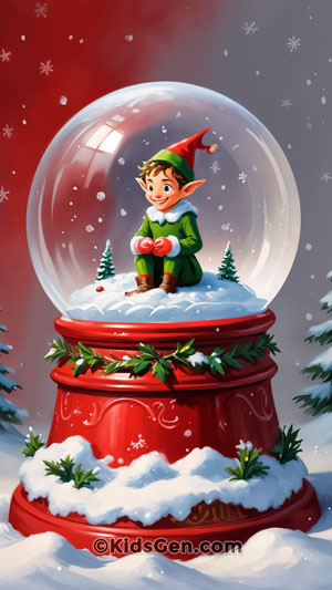 A delightful Christmas elf sitting in a snow globe, creating a charming winter scene for mobile wallpaper