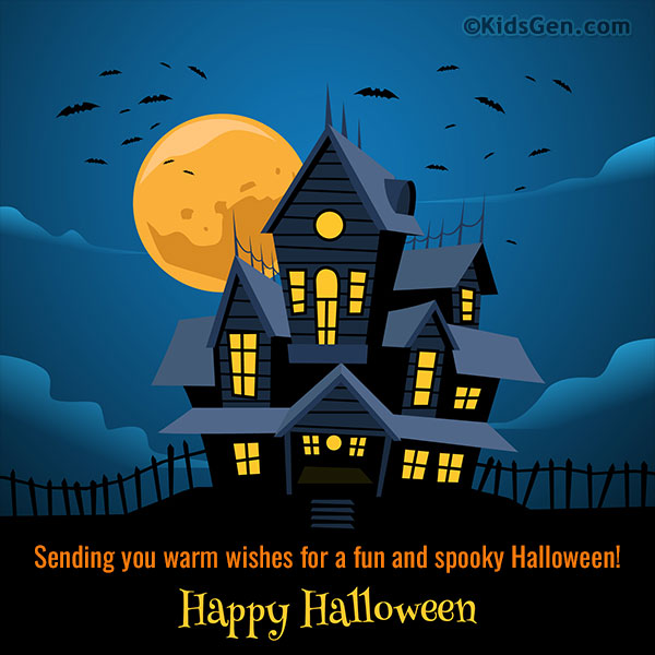 A card of a spooky haunted house with a full moon, bats, and a Halloween message