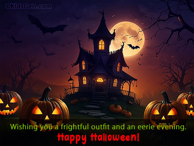 Spooky Halloween card with a haunted house, full moon, bats and jack-o'-lanterns