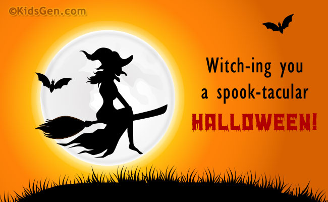 Halloween message card for kids with a witch silhouette on a broom and bats