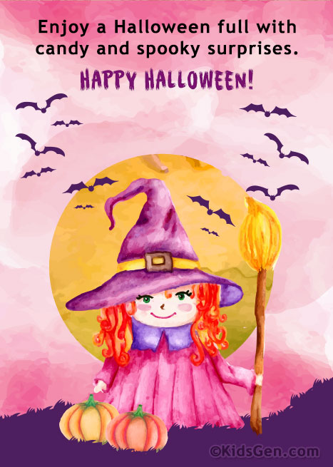 Cute witch with pumpkins and bats, with a Happy Halloween greeting