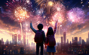 A HD wallpaper themed with two kids watching fireworks on New Year