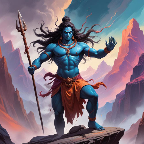 Lord Shiva, the divine deity, gracefully stands atop a mountain, captivatingly performing the Tandav dance