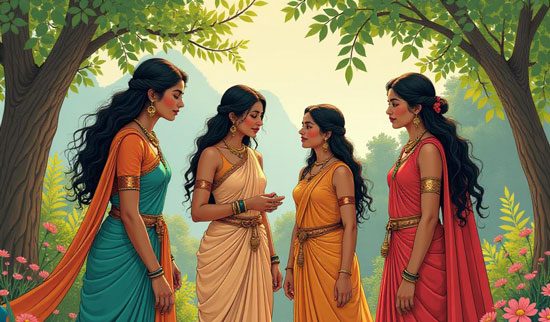 Madansena with her female friends in a garden