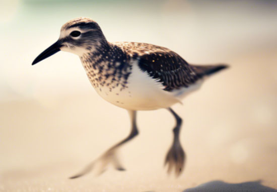 A sandpiper is running in and out of the water