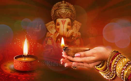 Lord Ganesha and Diwali Diyas - Kidsgen Wallpaper